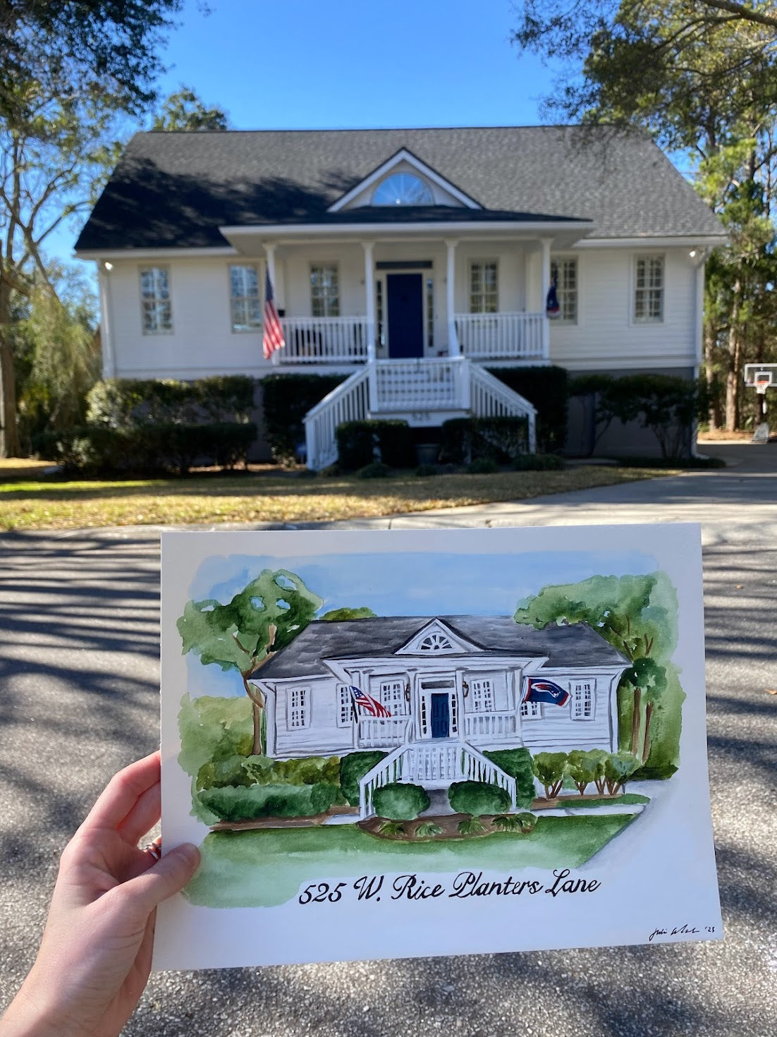 Personalized painting of a white home by artist Julie Wheeler